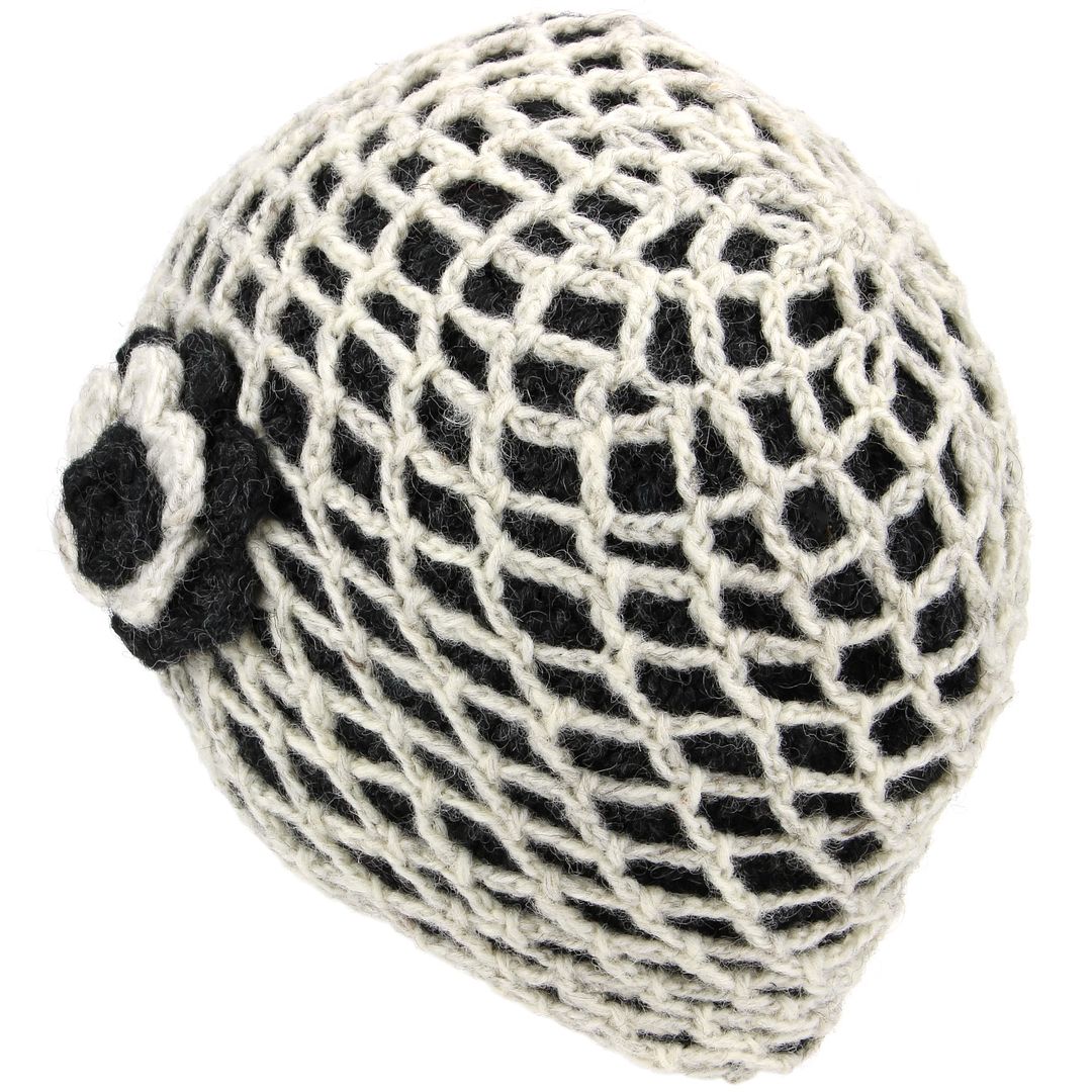 Wool Knit Beanie Hat Ladies Women Warm Winter Crochet Lattice Flower Lined 