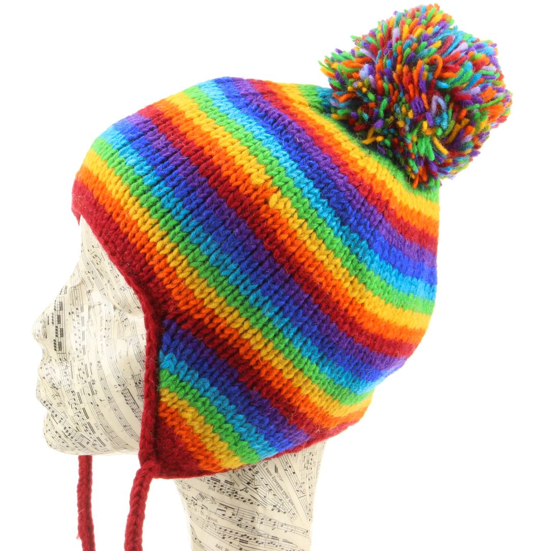 RAINBOW Beanie Hat Wool Knit Stripe LOUDelephant Fleece Lined Warm Winter