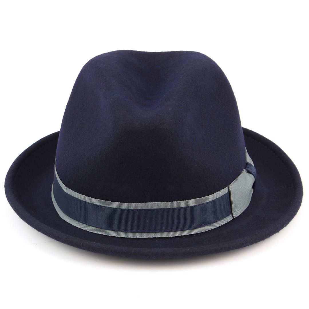 Wool Fedora Hat Trilby Side Bow Brim Band Hawkins New Cap Mens Navy