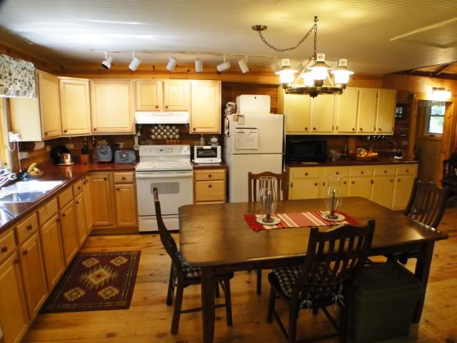 Large country kitchen and wood fireplace, NC Cabins for Sale, Smoky Mountain Log Cabin, John Becker Bald Head