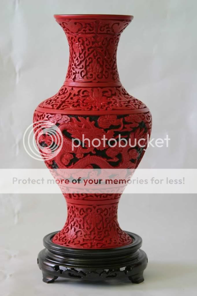 Big Handmade Carved Dragon Red Cinnabar Lacquer Vase 13" H